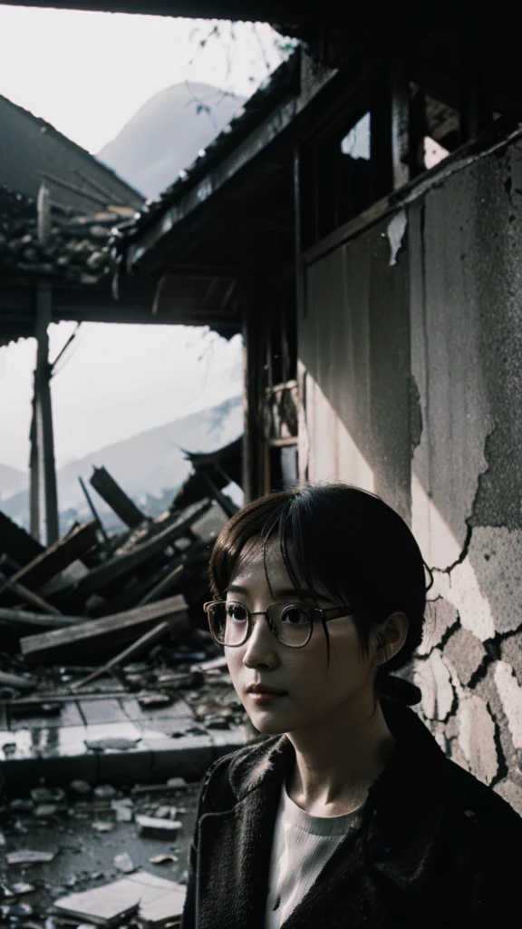 Showa,Collapse,Devastation,Inside the ruins,Glasses,Women,adventure,Black and White,
