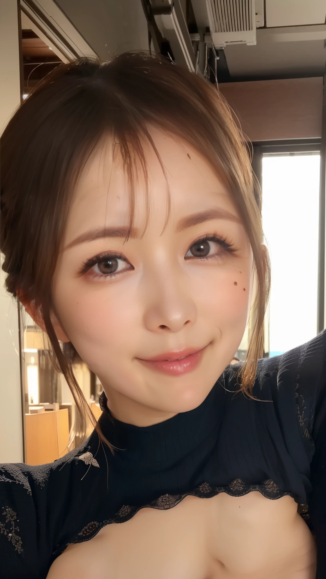 青いタートルネックのNo sleeveセーターを着た日本女性、 (((masterpiece))), ((highest quality)), ((Intricate details)), (((超Realistic)), irrational solution, The Law of Perspective, Very detailed, Realistic, 1 girl, ((Big Breasts)), Perfect hands, Finger details, Beautiful and beautiful eyes, ponytail, Brown eyes,(No sleeve:1.2),, Detailed Background,, Perfect Eyes, Captivating eyes, (((from the front)))、Laughter、Moles around the mouth、Knitted dress、Bust up shot