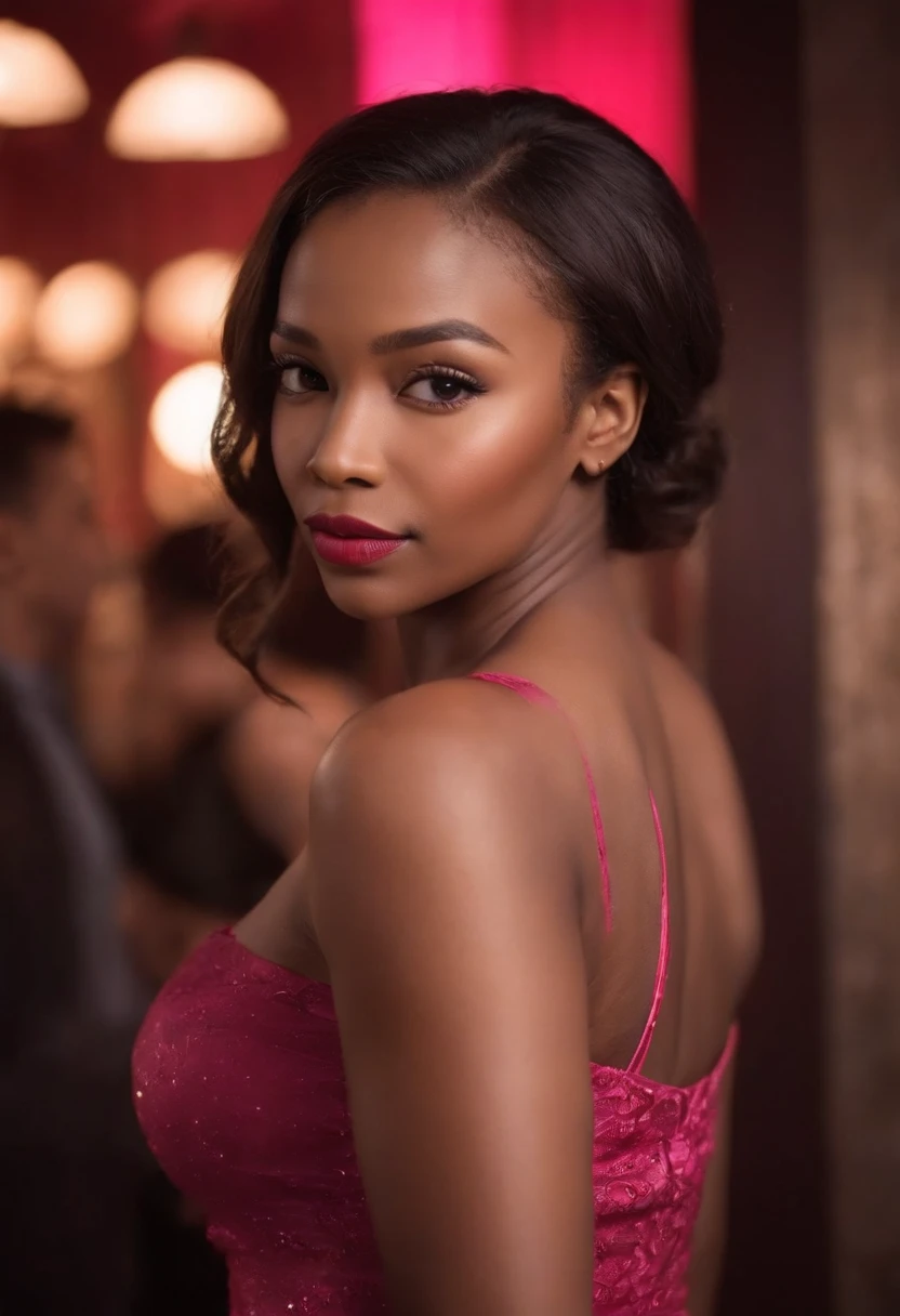 african woman, well-shaped,brown eyes,pink lips, light complexion, standing,red tight-fitting dress, curvy figure, standing in a night club