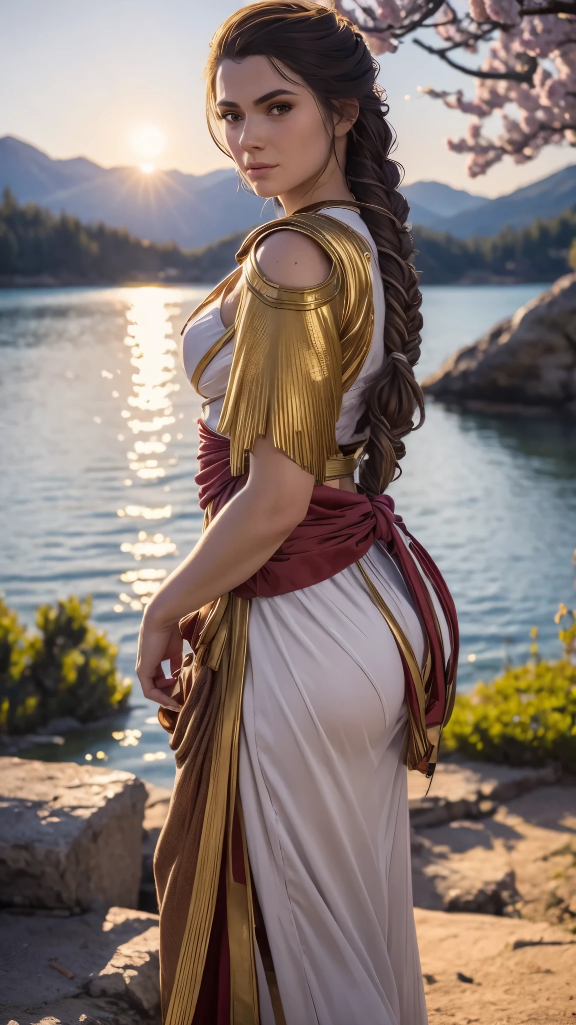 Kassandra, masterpiece, best quality, detailed, (1girl), solo, detailed golden eyes, long hair, standing, close to viewer, (detailed kimono), light smile, medium breasts,  (arms behind back), water, sunset, (hair ornament), (Sakura bloom),  snow mountain lake in the background