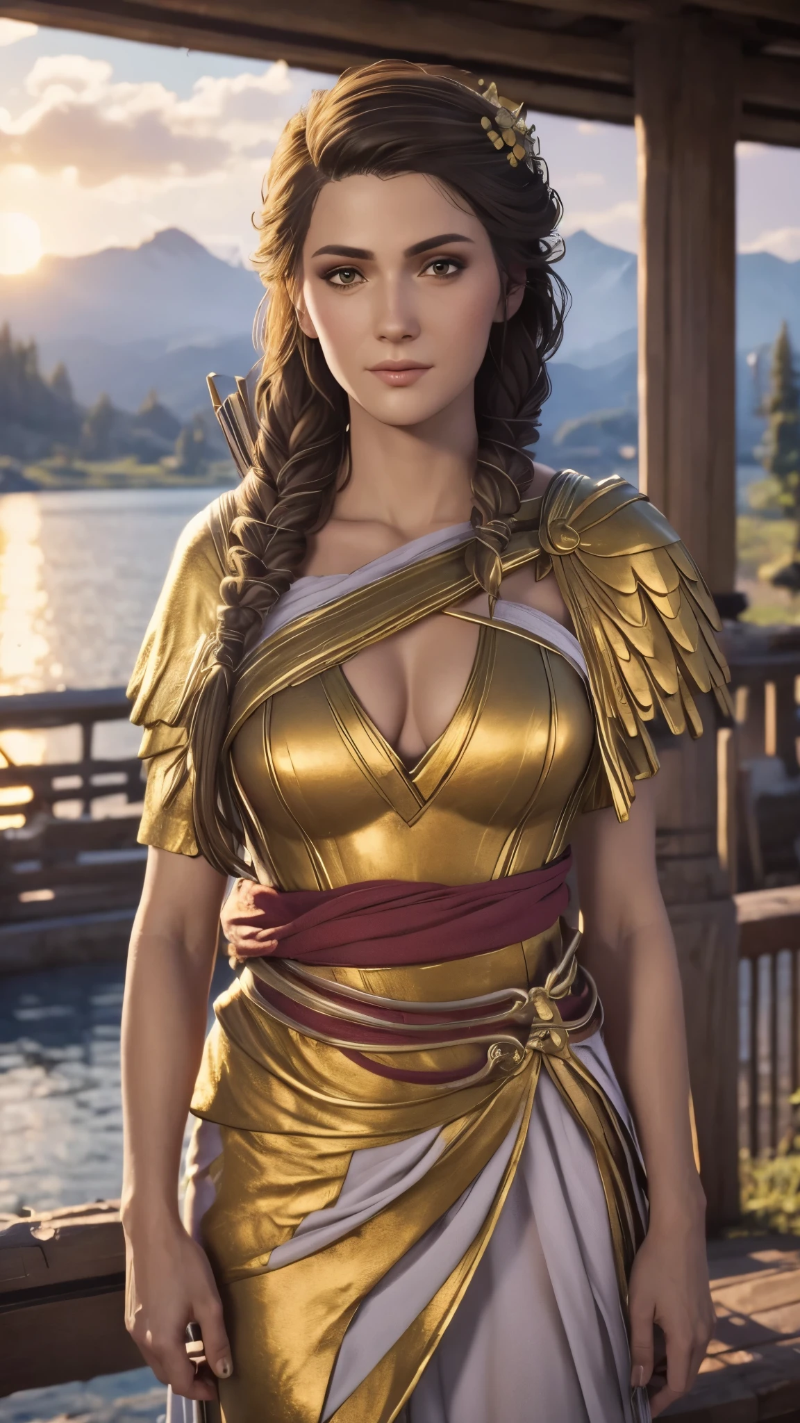 Kassandra, masterpiece, best quality, detailed, (1girl), solo, detailed golden eyes, long hair, standing, close to viewer, (detailed kimono), light smile, medium breasts,  (arms behind back), water, sunset, (hair ornament), (Sakura bloom),  snow mountain lake in the background