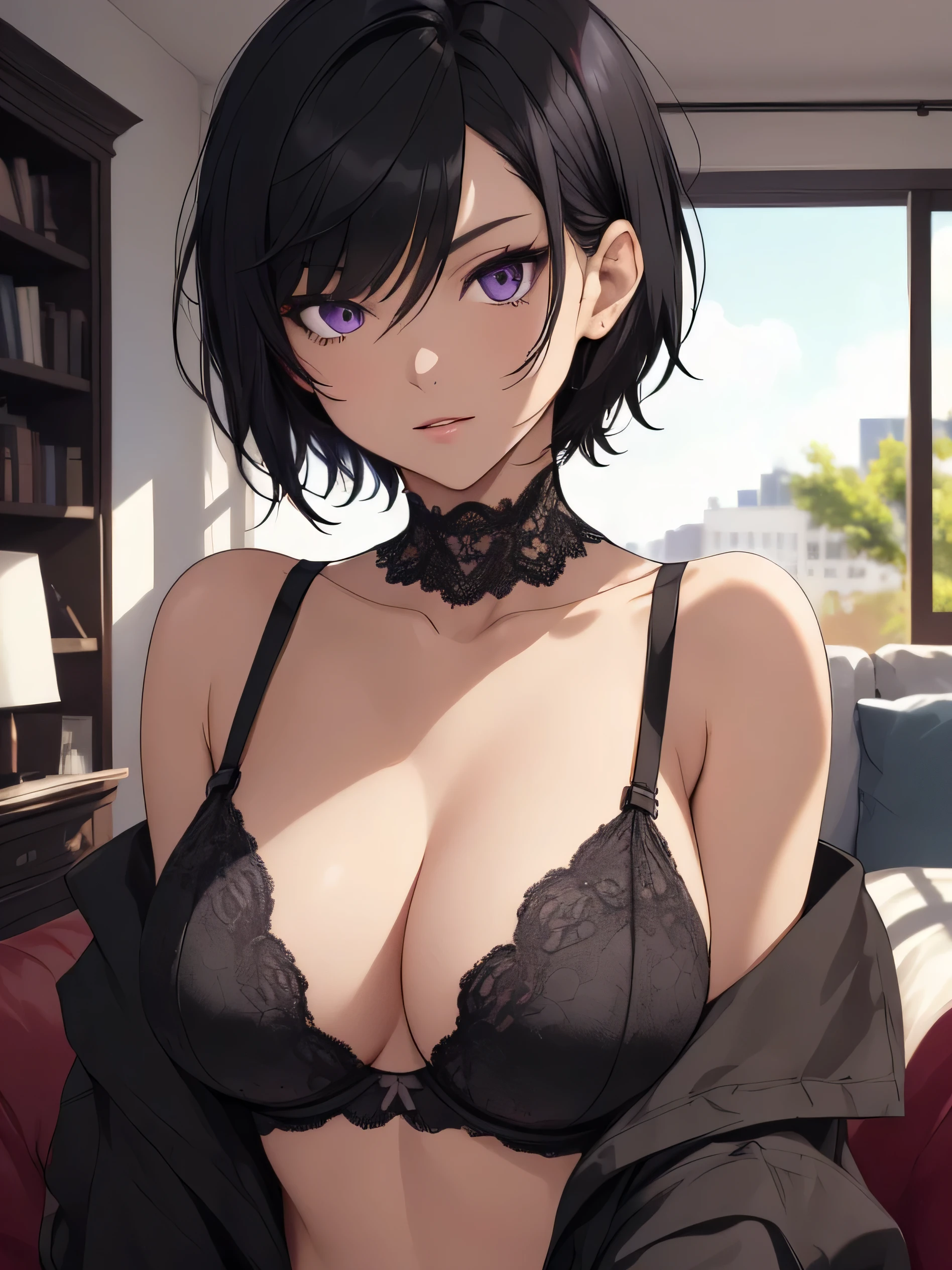 (best quality), (masterpiece), (ultra detailed), sharp focus, ((black color short hair)), purple eyes, solo, (looking at POV), upper body, living room, scenery, 20 years old, cold face, medium breasts, wearing black bra and panties