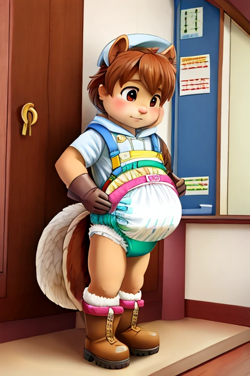 boy, squirrel, furry, bodyfur, smock, diaper, gloves, boots, kindergarten