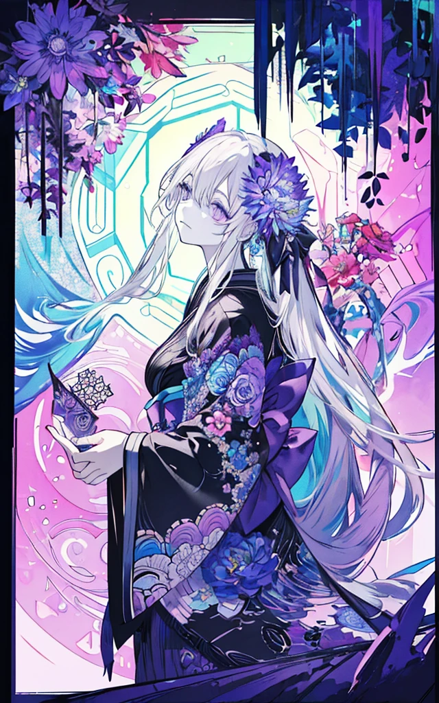 ((masterpiece:1.4, best quality))+, (ultra detailed)+,
[(black background:1.5)::0.25], (hexagon:1.4), (vivid color:1.4), vibrant color, bold color,
(pop art:1.4), (zentangle, flower effects:1.4), (art nouveau:1.1),
cowboy shot,(from side),
(cityscape,night,flower petals blowing,moonlight),
cute 1girl,wearing kimono,
silver hair, (very long hair:1.4), violet eyes,
(look sad,turn pale,sad,scared,closed mouth:1.2),