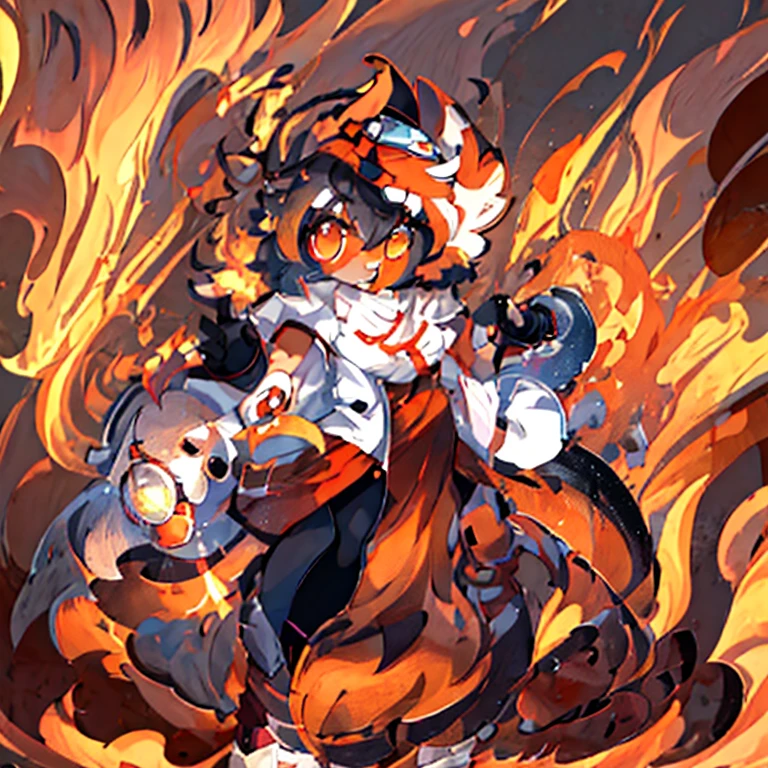 There is a picture of a cat wearing a hat and goggles., Soluble in Valpix, The fusion of buizel and humans, fluffy orange skin, furry art!!!, fire type, fire!! Full body, detailed fan art, fursona furry art commission, fursona art, very very beautiful furry art, high quality fan art, an anthropomorphic fox, kitsune holding torch