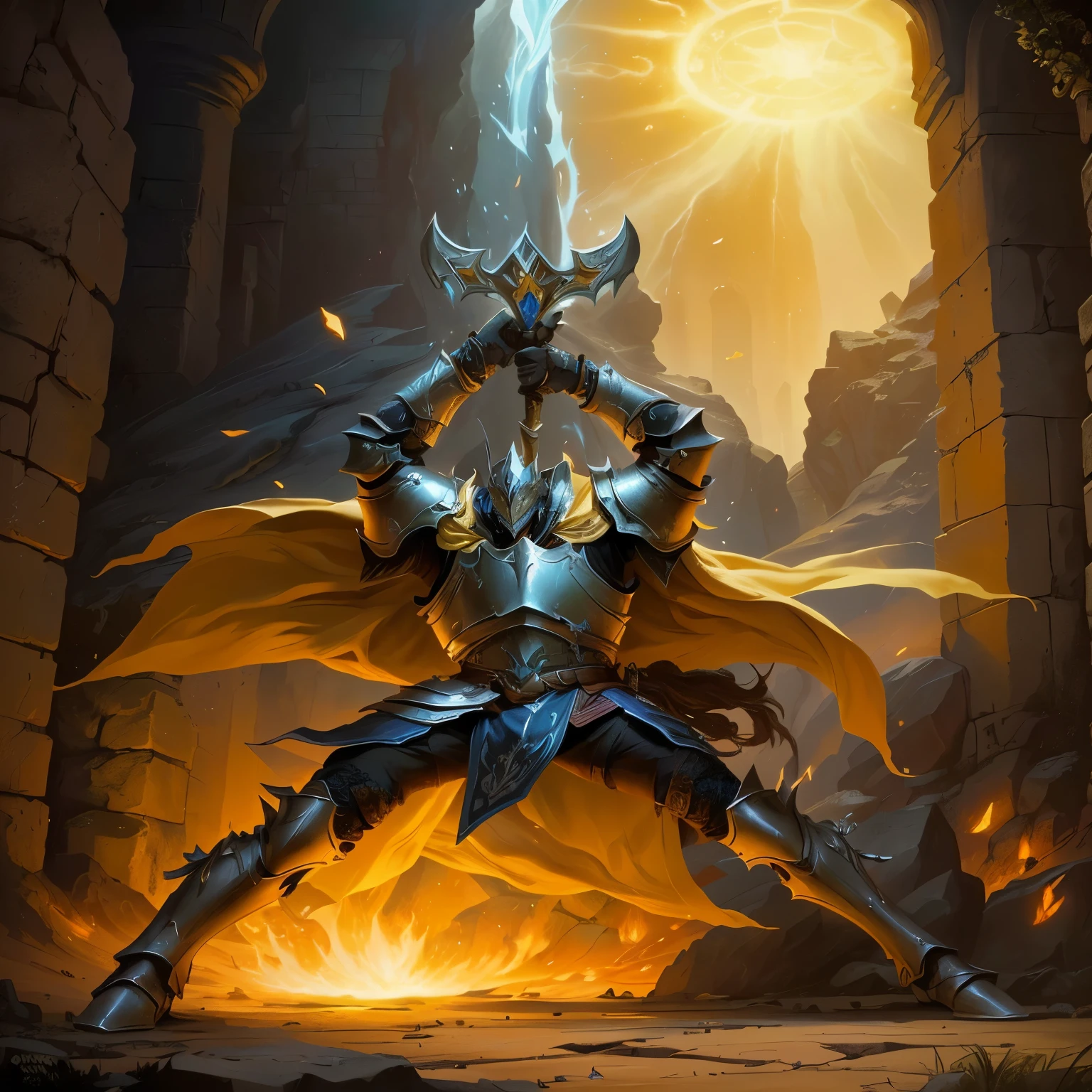 cavaleiro de armadura segurando uma espada em uma caverna escura, paladino de fantasiao, paladino masculinoo, paladino sagradoo, paladino, paladino de ouroo, epic paladino armor, dungeons and dragons fantasy art, arte de jogo de cartas de fantasia, paladino!, epic arte de jogo de cartas de fantasia, magia a arte da coleta, magic the art of collecting card, cavaleiro de fantasia, paladino golden armor,((melhor qualidade)), ((obra de arte)), (detalhado), card game illustration, pincel grosso, Papel de parede de anime HD, (Akali de League of Legends:1.1), 8K resolution