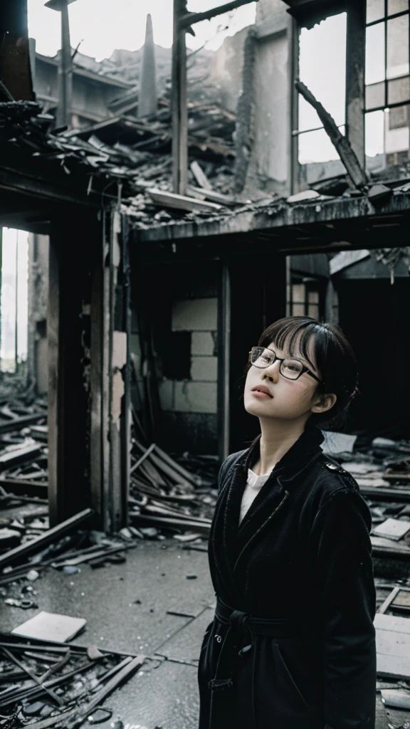 Showa,Collapse,Devastation,Inside the ruins,Glasses,Women,adventure,Black and White,