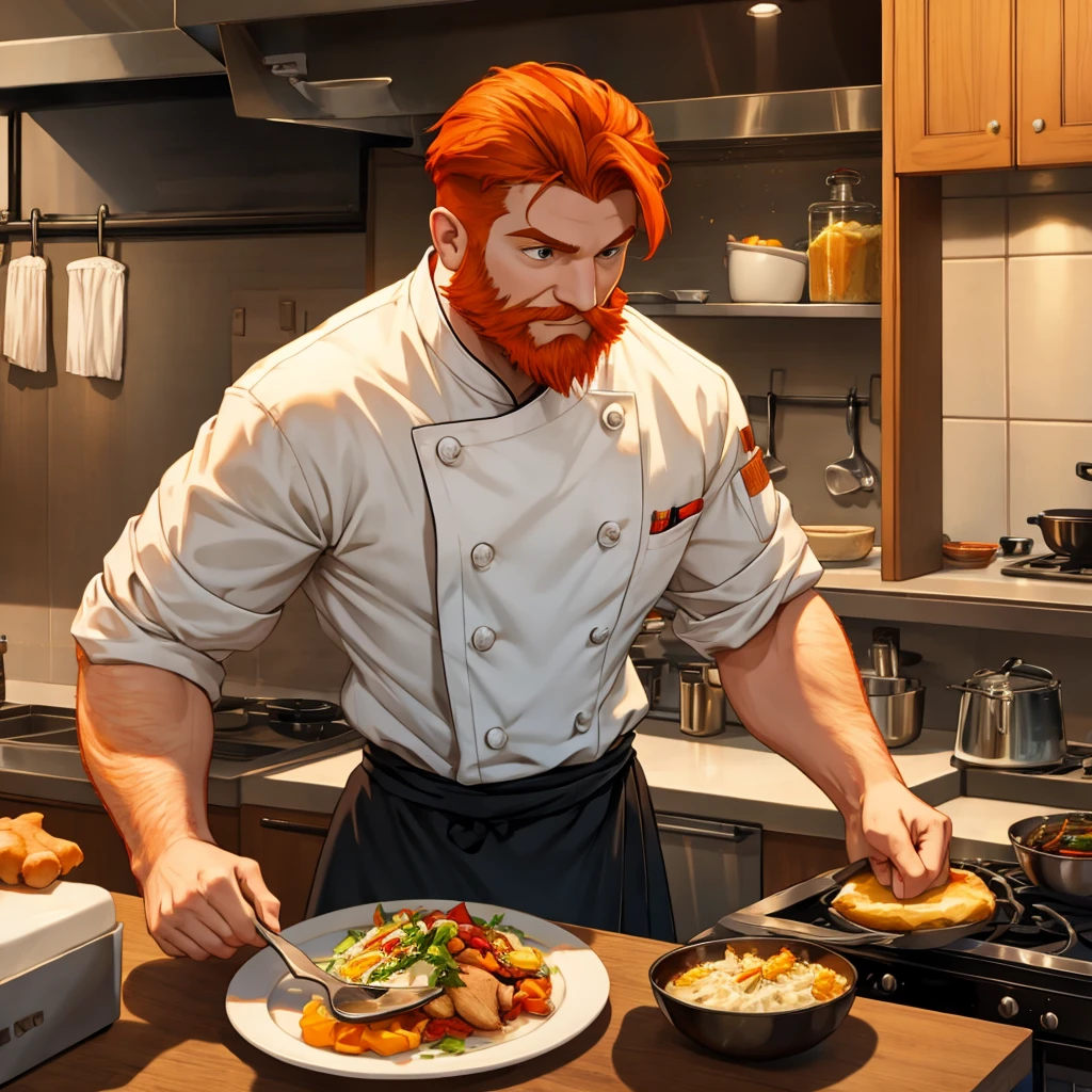 Short, ginger, beard, orange hair, chef attire, kitchen