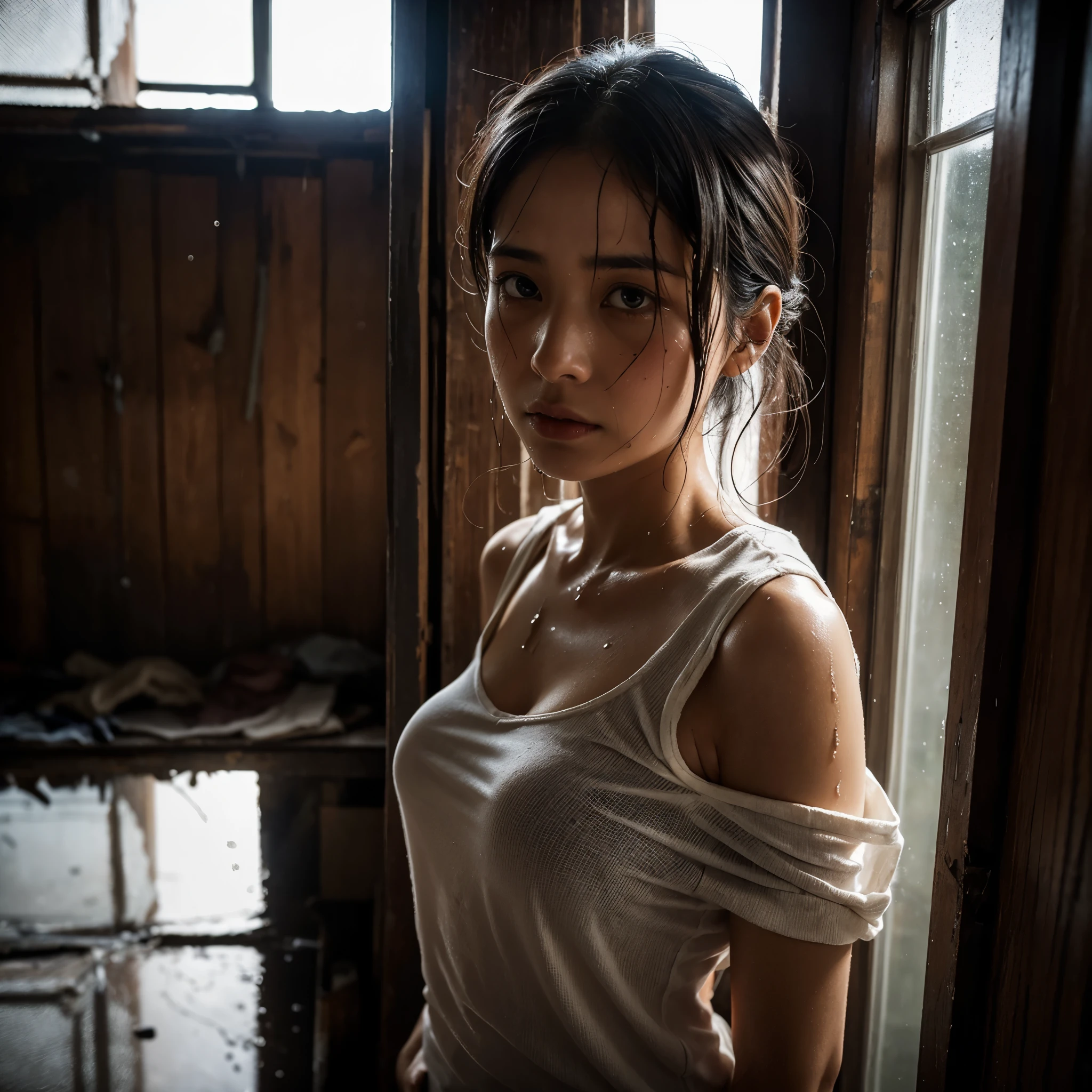 short tshirt，（Cinematic tones）（Wet clothes：1.9）,（Get wet all over your body：1.9）,Top image quality, tmasterpiece, 超高分辨率, （Fidelity：1.4）, photore,deluge, stunningly beautiful woman, （Sorrow）, white  shirt, dim murky lights, shadowy, Desperate, Pity, Pathetic, Cinematic, Tears, tear drop, （ripped clothing：1.5）, （Wet clothes：1.4）, bare shoulders​, Real rain, wetting hair