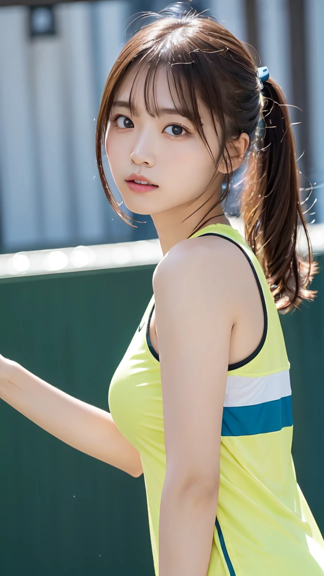 The cutest gravure idol pose in the world、Perfect proportions、Large Breasts, valley, cute、((18-year-old female:1.2))、Young and adorable Japanese face，Official Art，Highly detailed CG Unity 8k wallpaper，（masterpiece:1.0),(highest quality:1.0), 超A high resolution,4k,Very detailed, photo shoot, 8K, nffsw, High resolution, Kodak Portrait 400, Film Grain, Lens Flare Glow,高いest quality,8K,nffsw:1.2),Portrait Shot,8K、Wearing a cap、yellow tennis outfit。