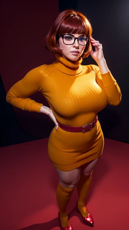 ((masterpiece, best quality, ultra-detailed, ultra-HD, photorealistic, cinematic)), (wide camera shot, full body view:1.5), (sensual pose, standing), (alluring and voluptuous female as Velma Dinkley:1.2), perfect anatomy, perfect face, proportioned hands, (deep shade of auburn with a slight natural wave hair color, chin-length bob with blunt bangs hairstyle:1.3), (retro-chic style outfit, knee-length and maroon turtleneck dress:1.2), (a matching maroon belt that cinches at her waist:1.2), (thick-framed black square glasses), (wears knee-high, mustard-yellow socks that peek out just above her brown, sensible lace-up shoes), (sports a delicate, gold pendant necklace), (vibrant orange cardigan slung over her shoulders), ((dynamic background))