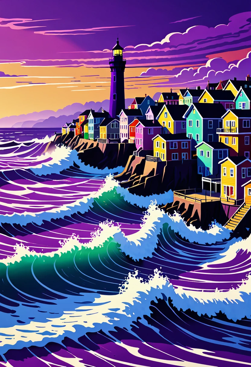 Digital illustration of vibrant purple sea waves crashing against a tiny coastal town. The waves tower over the colorful buildings, casting dramatic shadows. The atmosphere is dark and foreboding, with a sense of impending chaos.