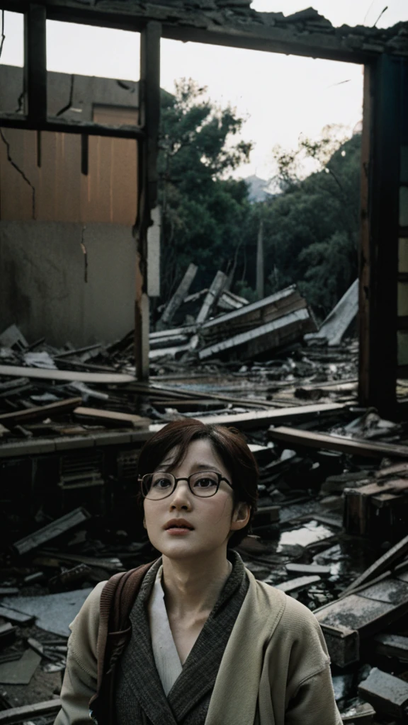 Showa,Collapse,Devastation,Inside the ruins,Glasses,Women,adventure,Black and White,