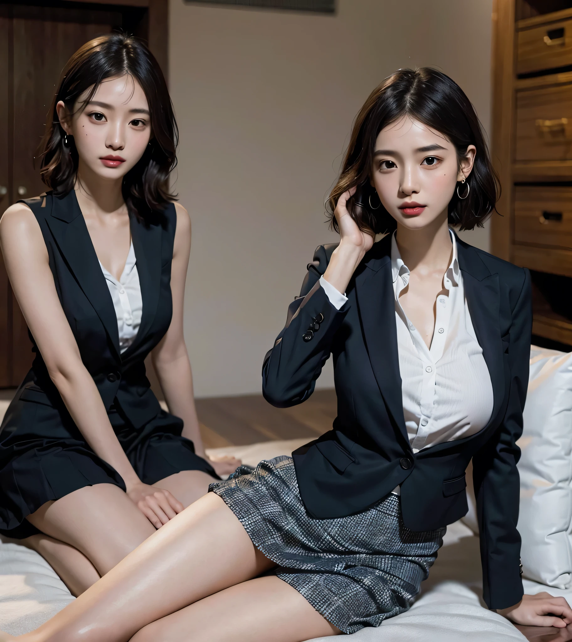 absurdres, RAW photo, extremely delicate and beautiful, masterpiece, Best Quality, ultra high resolution, 32k, hyperrealistic, ultra-detailed, perfect anatomy, perfect figure, super Detailed skin, Very detailed CG 8k wallpaper, very Slim body, narrow waist, very small head, very small face, delicate facial features, tearful mole, earring, thin legs, (very huge round breasts:1.3), (full body shot:1.1), (2 girls:1.2), short hair, (wavy hair:1.2), wet clothes, (business suit:1.3), (blazer:1.2), (collared dress shirt:1.1),