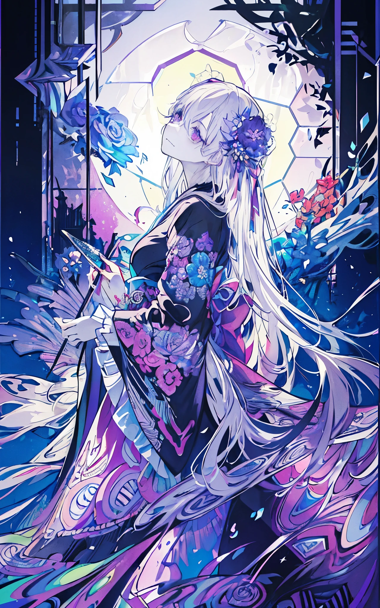 ((masterpiece:1.4, best quality))+, (ultra detailed)+,
[(black background:1.5)::0.25], (hexagon:1.4), (vivid color:1.4), vibrant color, bold color,
(pop art:1.4), (zentangle, flower effects:1.4), (art nouveau:1.1),
cowboy shot,(from side),
(cityscape,night,flower petals blowing,moonlight),
cute 1girl,wearing kimono,
silver hair, (very long hair:1.4), violet eyes,
(look sad,turn pale,sad,scared,closed mouth:1.2),