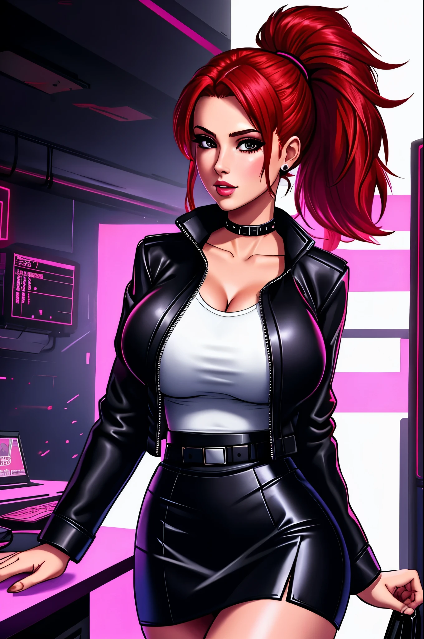 girl in office, red hair, pony tail, busty, c cup, cyberpunk theme, cleveage, white blouse, short black skirt, black jacket, neon lights