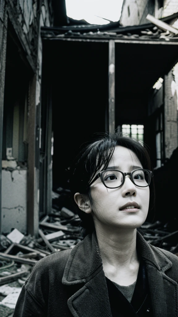 Showa,Collapse,Devastation,Inside the ruins,Glasses,Women,adventure,Black and White,