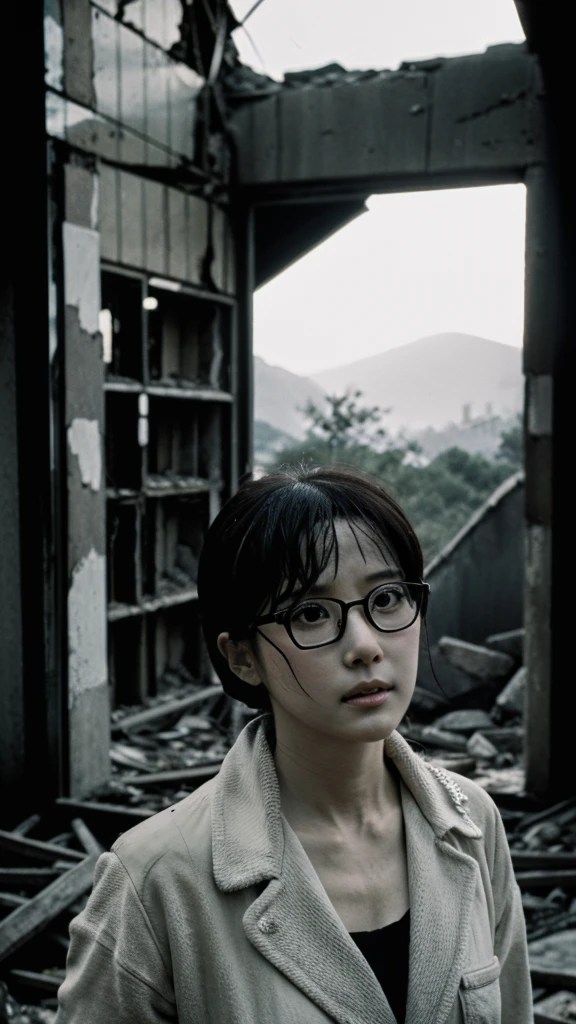 Showa,Collapse,Devastation,Inside the ruins,Glasses,Women,adventure,Black and White,