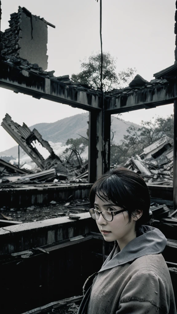 Showa,Collapse,Devastation,Inside the ruins,Glasses,Women,adventure,Black and White,