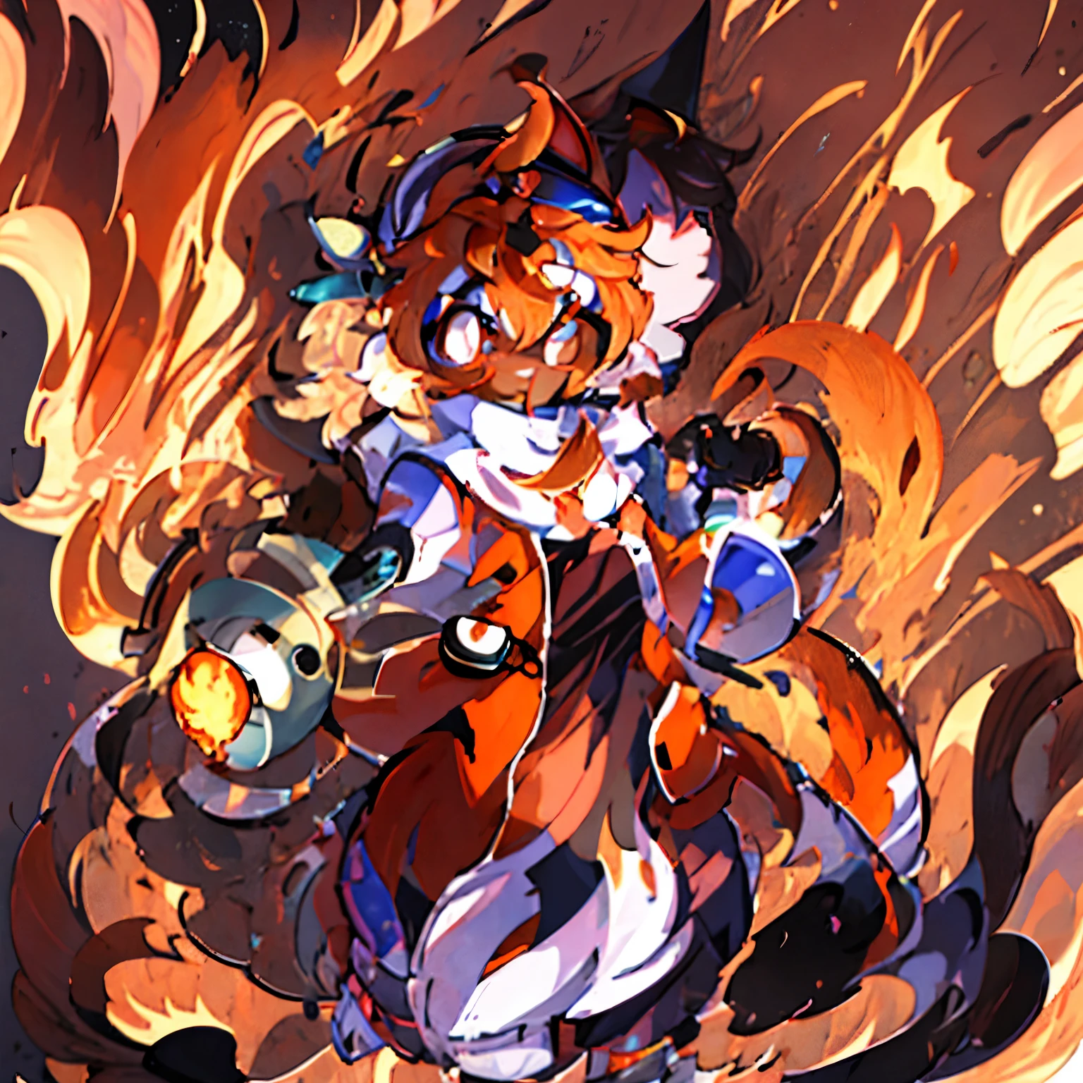 There is a picture of a cat wearing a hat and goggles., Soluble in Valpix, The fusion of buizel and humans, fluffy orange skin, furry art!!!, fire type, fire!! Full body, detailed fan art, fursona furry art commission, fursona art, very very beautiful furry art, high quality fan art, an anthropomorphic fox, kitsune holding torch