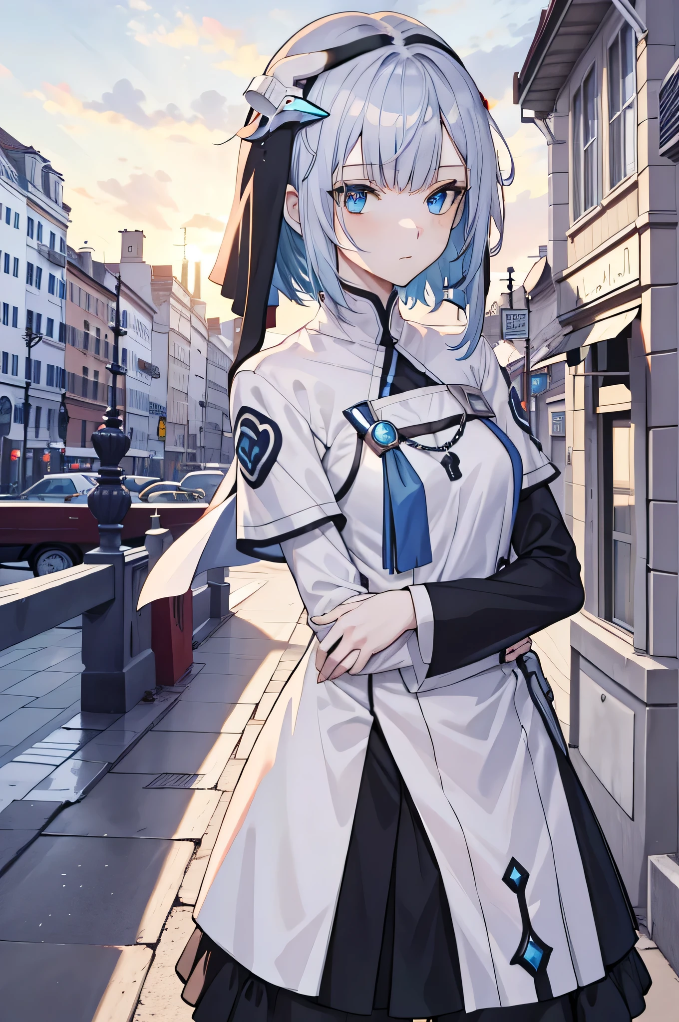 （Masterpiece, Best quality:1.2)A blue-haired，white headgear，blue eyes 1 girl，solo person，adolable，ElysiaHoH，city street background,wearing nun costume,