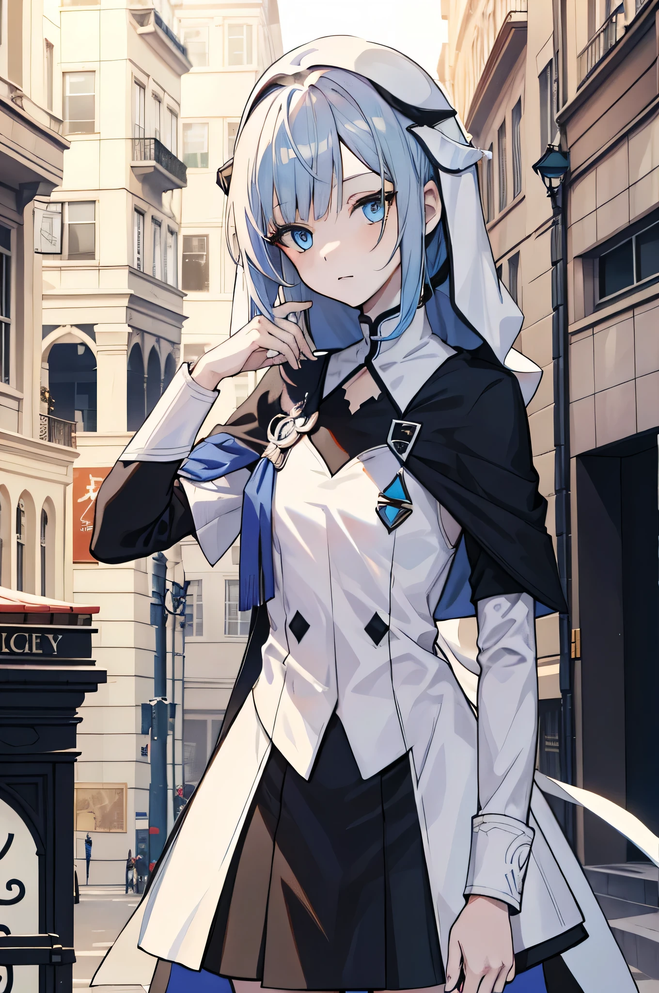 （Masterpiece, Best quality:1.2)A blue-haired，white headgear，blue eyes 1 girl，solo person，adolable，ElysiaHoH，city street background,wearing nun costume,