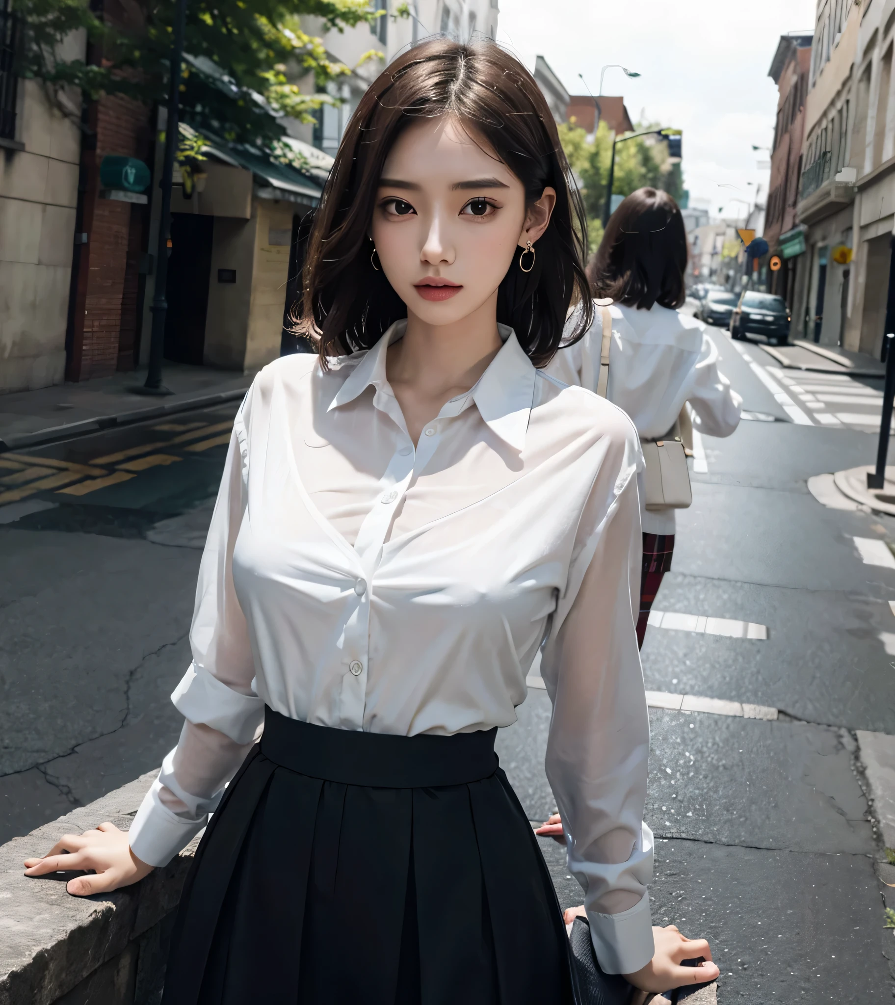 absurdres, RAW photo, extremely delicate and beautiful, masterpiece, Best Quality, ultra high resolution, 32k, hyperrealistic, ultra-detailed, (perfect anatomy:1.2), perfect figure, super Detailed skin, 30 years old, very Slim body, narrow waist, very small head, very small face, delicate facial features, tearful mole, earring, thin legs, (very huge round breasts:1.3), (full body shot:1.2), (2 girls:1.3), short medium hair, (wavy hair:1.2), wet clothes, (skirt suit), (blazer), (shirt:1.2),