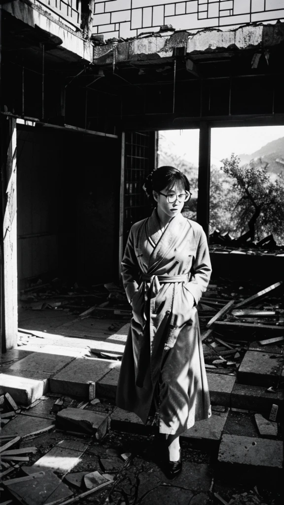 There was a woman standing in the doorway,arms folded, kowloon walled city style, 80's japanese photo, archival photo, taken in the late 1970s, Taken in the 1970s, , foto antiga, Photos from the 70s, Photo from 7 0 S,