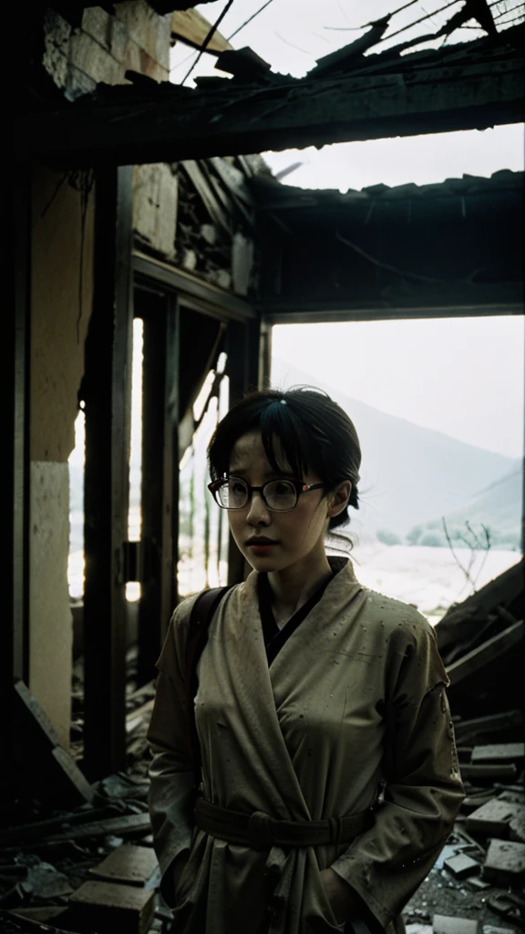 Showa,Collapse,Devastation,Inside the ruins,Glasses,Women,adventure,Black and White,