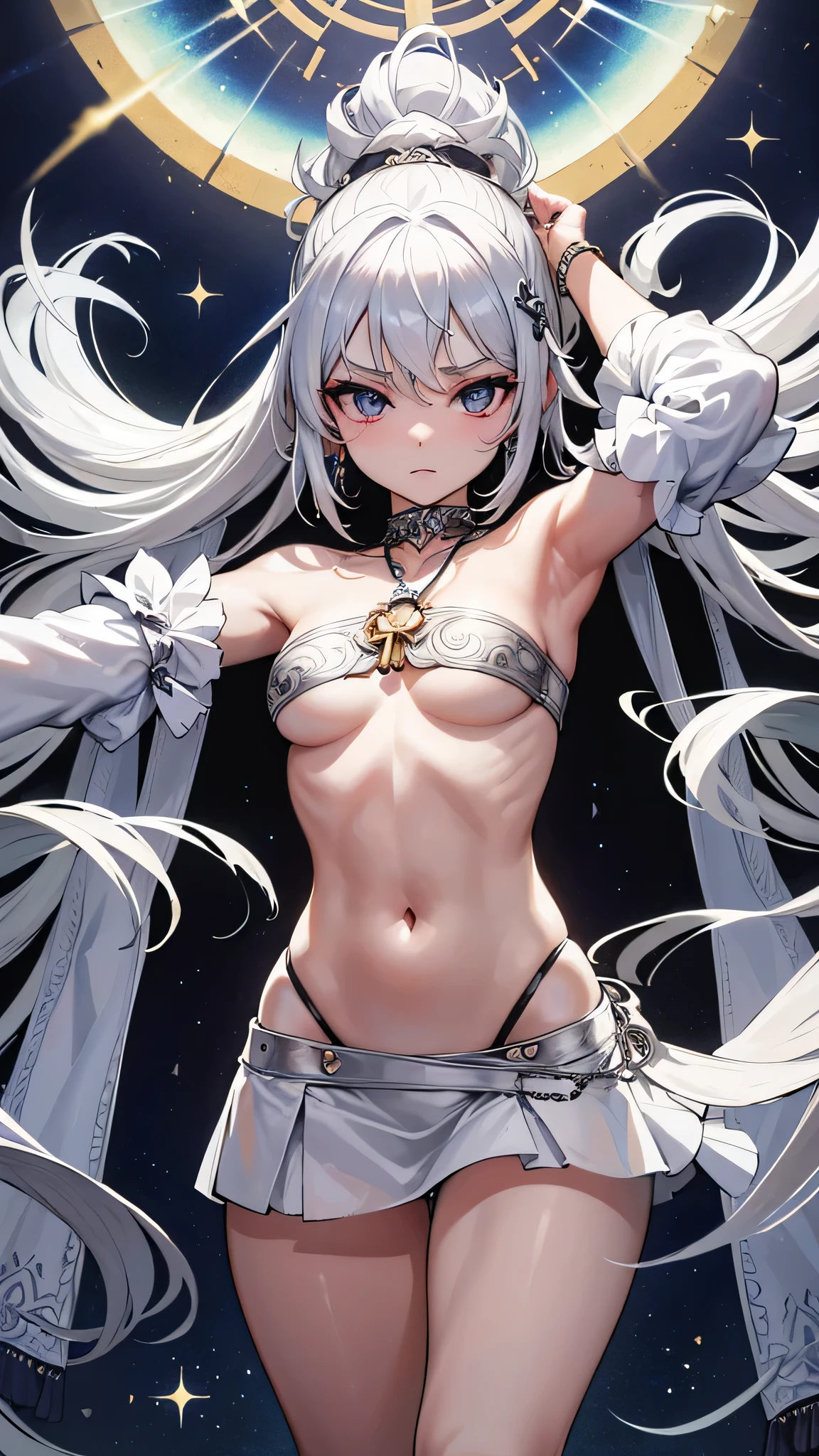 a legendary key in one and two parts, they are shiny silver-white, intricate sacred details, divine , short cowboy fireskirt, reveal body, ropa delgada y ligera como el aire