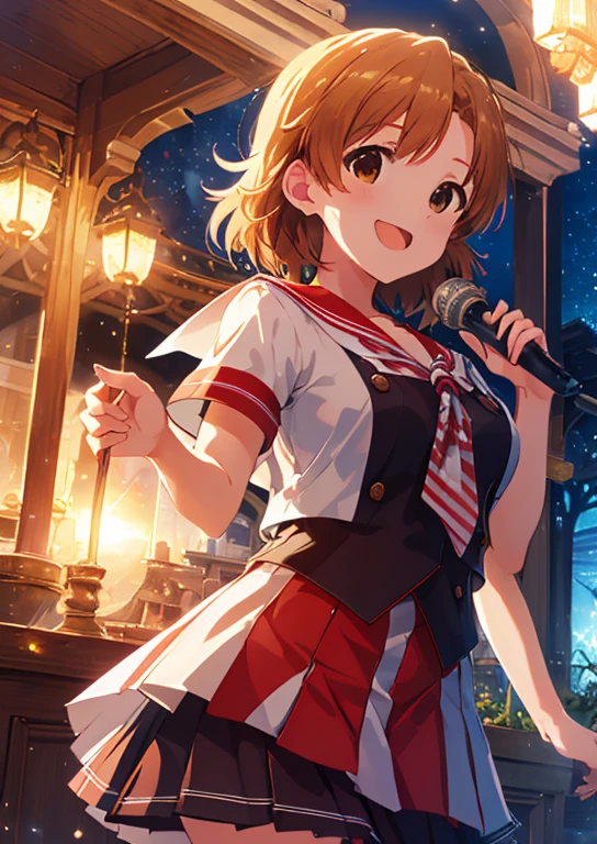  (Idol Master), (highest quality, 8k, masterpiece, Very detailed:1.4), (Lens flare, Particles of light, Shine), Big Breasts, smile, Open your mouth, masterpiece, highest quality, Very detailed, High resolution, Very detailedなCG, masterpiece, Official Art, From below,  Perfect body, Red checked skirt, Sailor suit, night, School Scene