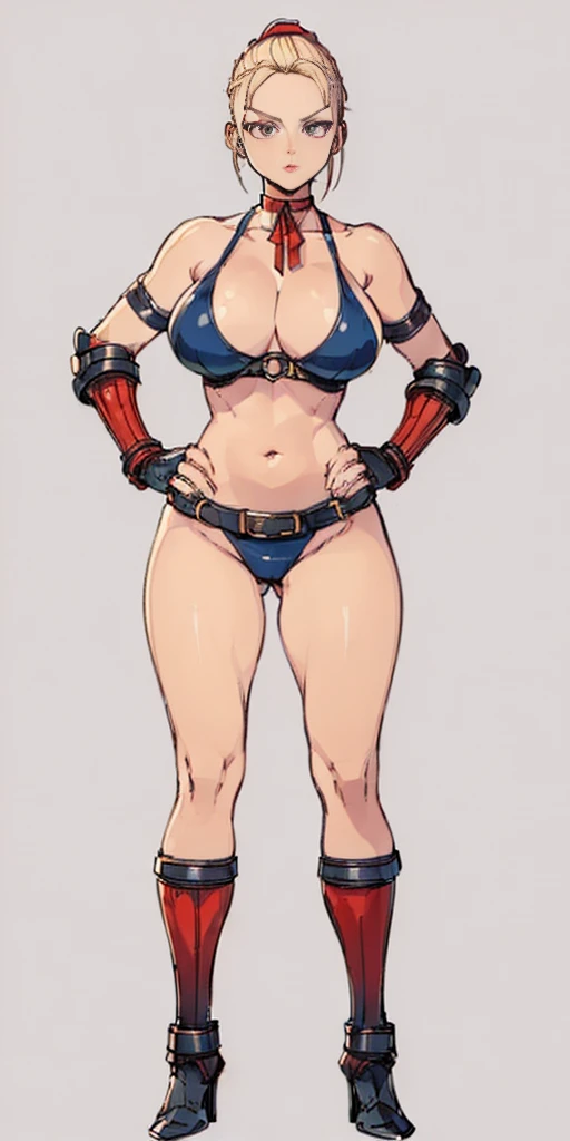 ((Plain background 1:2)) (Cammy White Street Fighter 6) Female full body standing straight symmetrical looking to the viewer RED full body armored (handcuffs, shackles, rerebrace, faulds, poleyn, gauntlets, leather collar choker) big belt under belly button, navel, belt over belly button ((hands on hips))