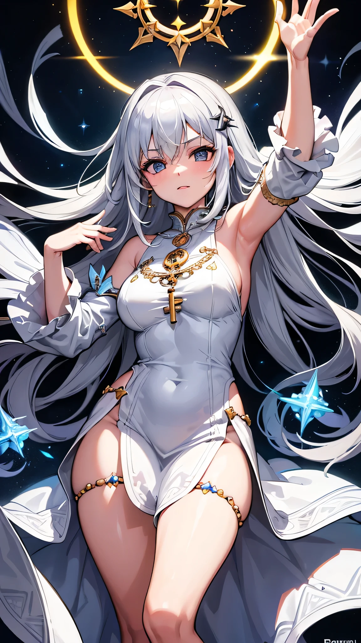a legendary key in one and two parts, they are shiny silver-white, intricate sacred details, divine , short cowboy fireskirt, reveal body, ropa delgada y ligera como el aire