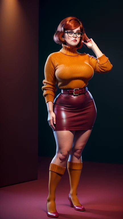 ((masterpiece, best quality, ultra-detailed, ultra-HD, photorealistic, cinematic)), (wide camera shot, full body view:1.5), (sensual pose, standing), (alluring and voluptuous female as Velma Dinkley:1.2), perfect anatomy, perfect face, proportioned hands, (deep shade of auburn with a slight natural wave hair color, chin-length bob with blunt bangs hairstyle:1.3), (retro-chic style outfit, knee-length and maroon turtleneck dress:1.2), (a matching maroon belt that cinches at her waist:1.2), (thick-framed black square glasses), (wears knee-high, mustard-yellow socks that peek out just above her brown, sensible lace-up shoes), (sports a delicate, gold pendant necklace), (vibrant orange cardigan slung over her shoulders), ((dynamic background))