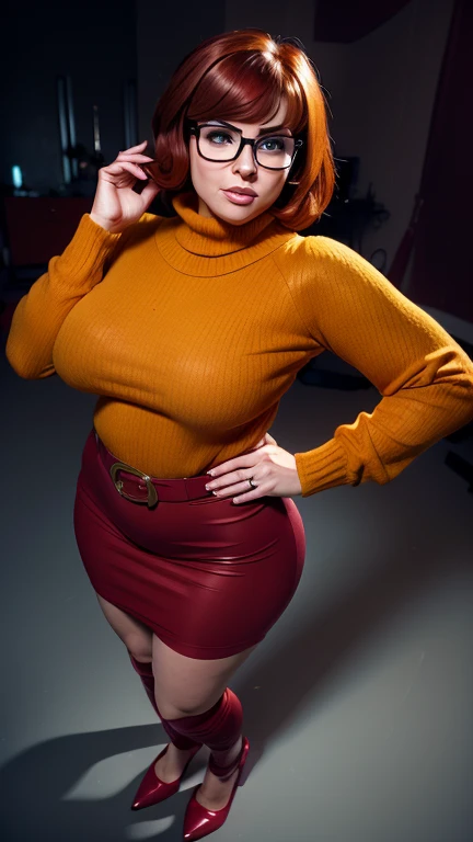 ((masterpiece, best quality, ultra-detailed, ultra-HD, photorealistic, cinematic)), (wide camera shot, full body view:1.5), (sensual pose, standing), (alluring and voluptuous female as Velma Dinkley:1.2), perfect anatomy, perfect face, proportioned hands, (deep shade of auburn with a slight natural wave hair color, chin-length bob with blunt bangs hairstyle:1.3), (retro-chic style outfit, knee-length and maroon turtleneck dress:1.2), (a matching maroon belt that cinches at her waist:1.2), (thick-framed black square glasses), (wears knee-high, mustard-yellow socks that peek out just above her brown, sensible lace-up shoes), (sports a delicate, gold pendant necklace), (vibrant orange cardigan slung over her shoulders), ((dynamic background))