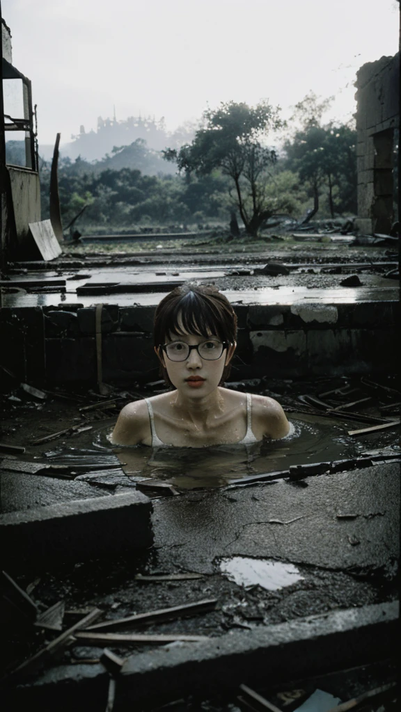 Showa,Collapse,Devastation,Inside the ruins,Glasses,Women,adventure,Black and White,