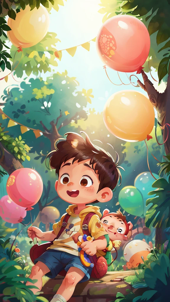 A boy, zoo, many balloons, happy, happy, perfect quality, clear focus (clutter - home: 0.8), (masterpiece: 1.2) (realistic: 1.2) (bokeh) (best quality) (detailed skin: 1.3) (intricate details) (8K) (detail eyes) (sharp focus), (happy)