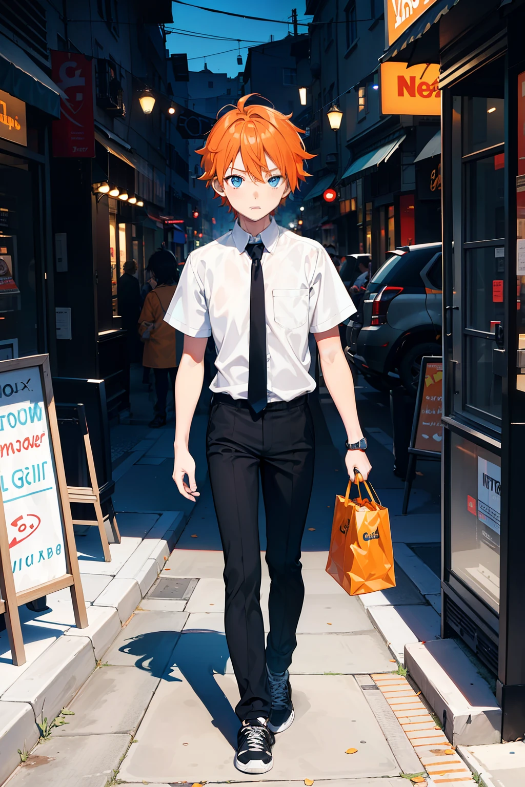 A captivating image of Neofytos Leopoldo, an -yeld boith a sun-kissed tan, unruly orange hair, and penetrating blue eyes, is depicted as he walks along the street with a perplexed expression on his face. His attire consists of a crisp white shirt, fitted black pants, and stylish black sneakers. The background showcases the liveliness of the street, with elements such as colorful storefronts and bustling crowds bringing the scene to life. The dynamic and vibrant background contrasts with Neofytos's puzzled expression, creating an engaging and intriguing image. The lighting adds to the image'