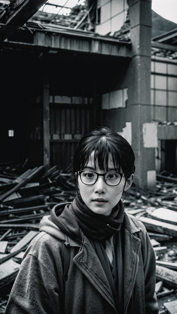 subway,Showa,Collapse,Devastation,Inside the ruins,Glasses,Women,adventure,Black and White,