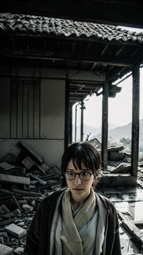 Showa,Collapse,Devastation,Inside the ruins,Glasses,Women,adventure,Black and White,
