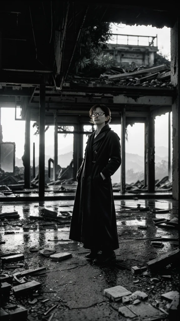 Showa,Collapse,Devastation,Inside the ruins,Glasses,Women,adventure,Black and White,