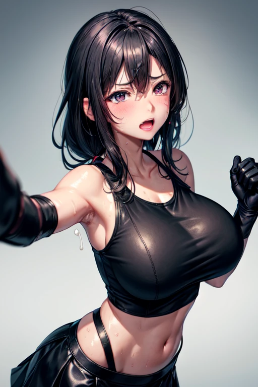 beautiful girl　Best Style　Fight the enemy　anger　Sweat　Black Leather Gloves　　Combat Uniform　Big Breasts　Light clothing　Martial Arts　black leather skirt　White Tank Top　black garter belt　Dirty face and clothes　White semen all over the body　A lot of semen on my face and clothes　　Black Bra　Ejaculation scene