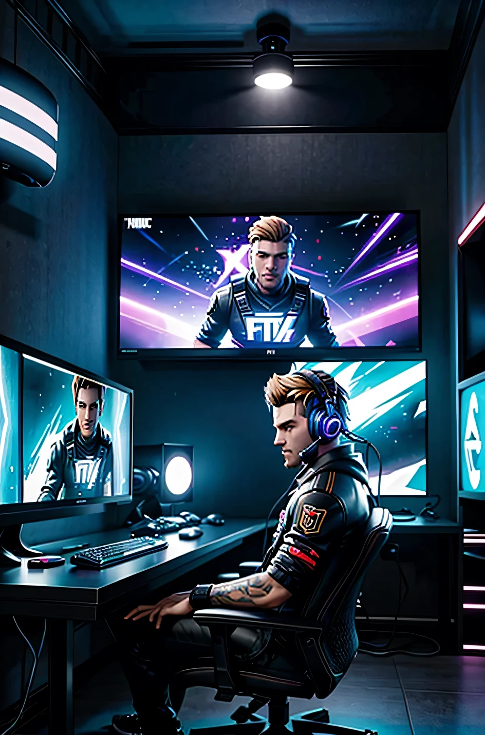 Visualize a luxurious gaming sanctuary fit for a pro Fortnite streamer at the top of his game. The room is bathed in the soft glow of LED lights, casting a futuristic ambiance over the sleek, modern furnishings.
In the center of the room sits the pro Fortnite streamer himself, a young Caucasian man with an air of confidence and determination. He is dressed in stylish gaming apparel, with a headset resting comfortably over his ears and a microphone poised for action.
The walls are adorned with memorabilia from the world of Fortnite – posters of iconic characters, signed merchandise, and framed screenshots of epic victories. A state-of-the-art gaming setup dominates one corner of the room, featuring multiple monitors, high-performance peripherals, and a custom-built gaming PC worth millions.
As the streamer sits before his setup, his fingers dance effortlessly across the keyboard and mouse, executing precise movements with lightning speed. The intensity of the game reflects in his focused expression, his eyes locked onto the screen as he navigates the virtual battlefield with expert skill.
Millions of viewers tune in from around the world to watch the streamer in action, hanging on his every word and cheering him on as he racks up kills and secures victory after victory. The chat scrolls by in a blur of excitement, filled with emotes and messages of support for their favorite gaming superstar.
In this million-dollar gaming lair, the pro Fortnite streamer is king, ruling over the digital realm with unparalleled skill and charisma. And as the stream continues to captivate audiences far and wide, the legend of this gaming icon only continues to grow.
