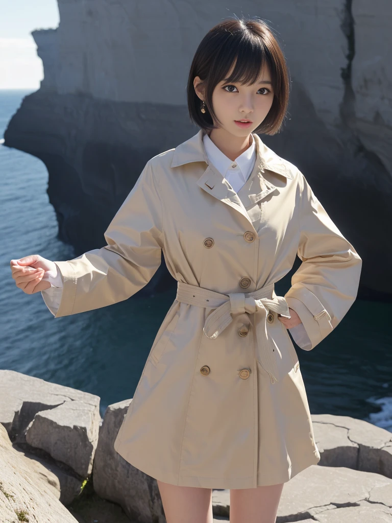 (Masterpiece, Best-quality, RAW-photo, Super-high-quality, Highest-quality, Photorealistic, 8K photo, NSFW),
(anatomically correct, accurate human body, realistic person)
(Thin waist and busty style body, 16-years-old, Realistic Japanese girl, short height, Kawaii Japanese, angelic beauty),
(knee length trench coat, long black boots, turn up the collar, close all buttons),
(full length, whole body, standing, See photographer, look at viewer, turn the body forward, hold handcuffs, hand out handcuffs),
(maiko, angelic beauty, Round face, Black hair, Black eyes, Moist eyes, Shining eyes, Short bob cut, Bangs, Down-slating eyebrows, one little earring),
(close eyes, open your mouth wide, shout at the camera),
(sheer cliff, Cliff in midwinter, strong wind is blowing)
bright lighting