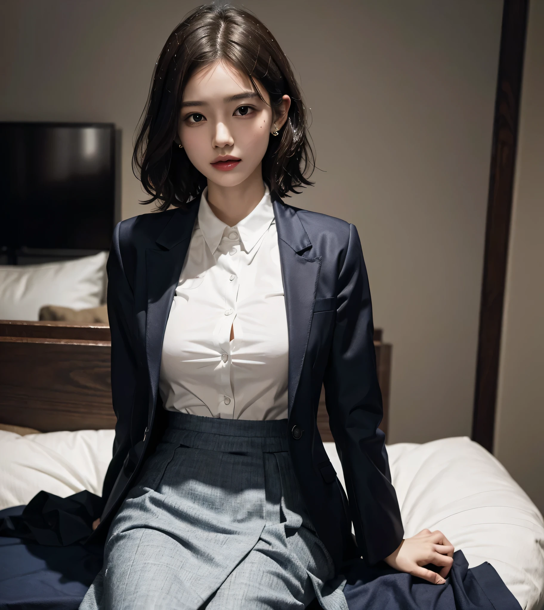disorganized, RAW photo, very delicate and beautiful, masterpiece, highest quality, ultra high resolution, 32K, surreal, super detailed, perfect anatomy, perfect figure, super dense skin, Highly detailed CG 8k wallpaper, 20&#39;s, very slim body, tight waist, very small head, very small face, delicate facial features, tearful mole, earrings, thin legs, (very huge round breasts:1.2), full body shot, 1 girl, short hair, (wavy hair:1.2), (school uniform:1.2), (blazer:1.2), wet clothes,
