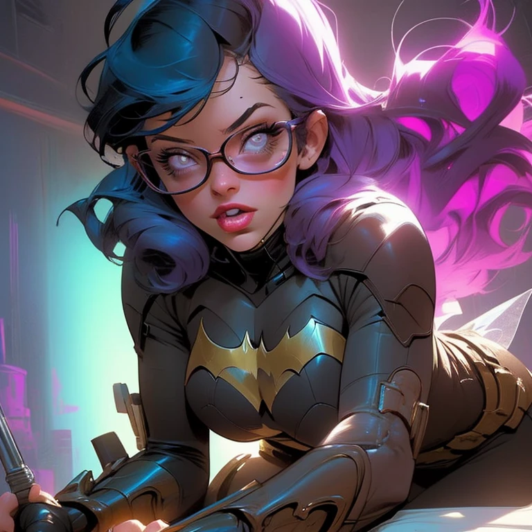 Batgirl , detalhes neon, fairy powder, com cena de beijo na boca com Dick grayson(asa noturna) Nerd explosion of pleasure, vibe satisfatoria, sex e ๐ ๐ ๐ ๐ ๐ ๐ ๐