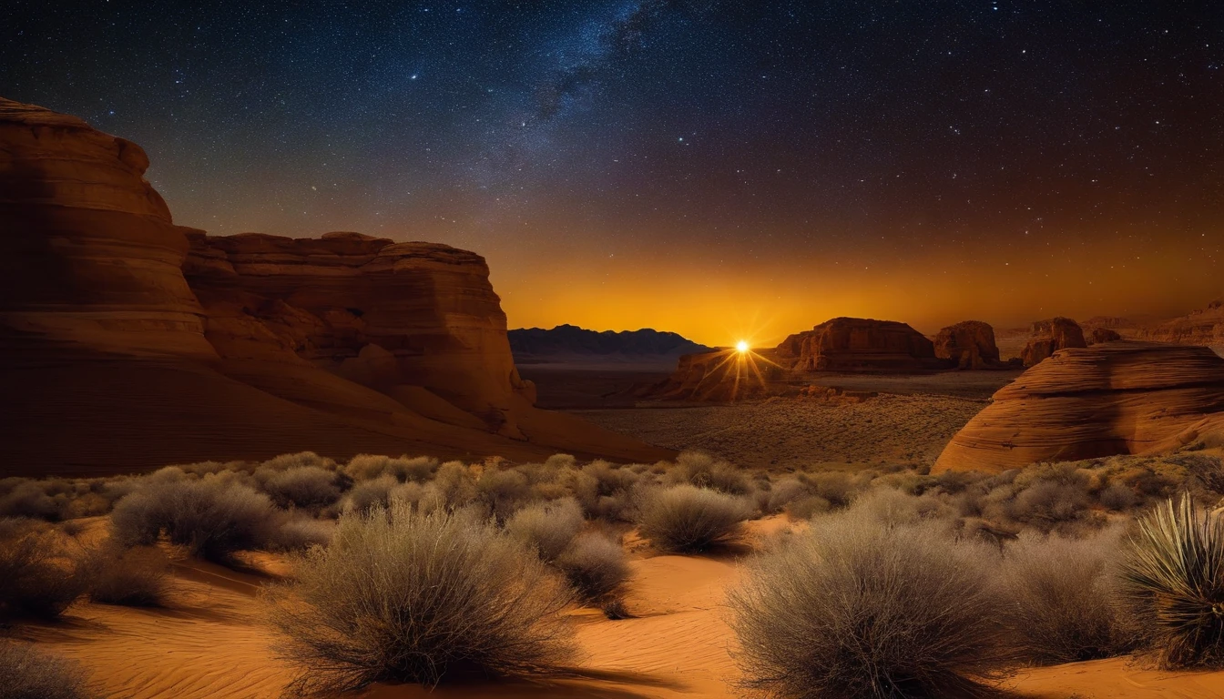 Breathtakingly beautiful,Van Gogh-style starry sky，In the quaint night sky，((rolling desert))，spread,Vast desert