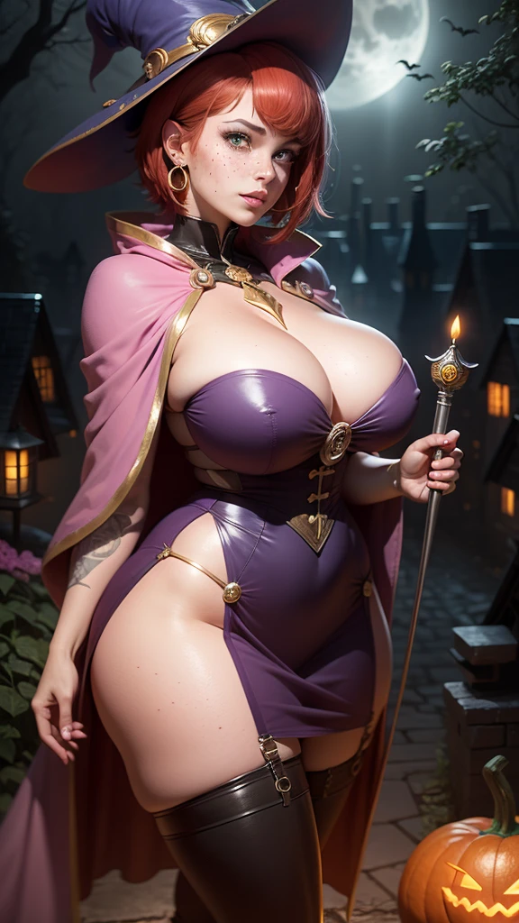 dark magician girl,gwen tennyson,tracer,bulma,rebecca chambers,Yu-Gi-Oh,solo girl,close up,moonlight,gold neck jewelry,body tattoos,short pink skirt,garter belt,short hair,dark magician girl hat,dark magician girl dress,dark magician girl robe,holding a wand,pumpkin village,pink magician girl cloak,silver earrings,halloween forest,glowing pumpkin,green eyes, (DARK hair),shy smile,freckles,redhead,beautiful girl, large breasts,thigh high boots,ultra detailed,realistic,fantasy art, (:1.2),