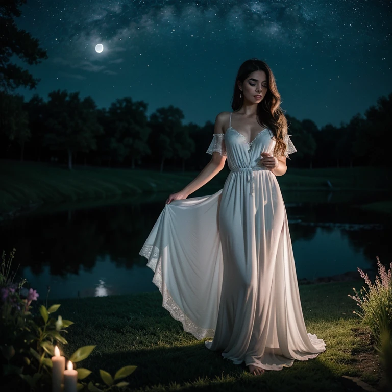 For the final setup, Tina found herself in a moonlit garden, the pale light casting an ethereal glow over everything. The nightgown was a shimmery silver, like the moonlight reflected on water. She spun around, her long hair trailing behind her, her arms outstretched as if embracing the night. Her face was lifted toward the sky, her lips parted in a whisper, as if she were sharing a secret with the stars above. 