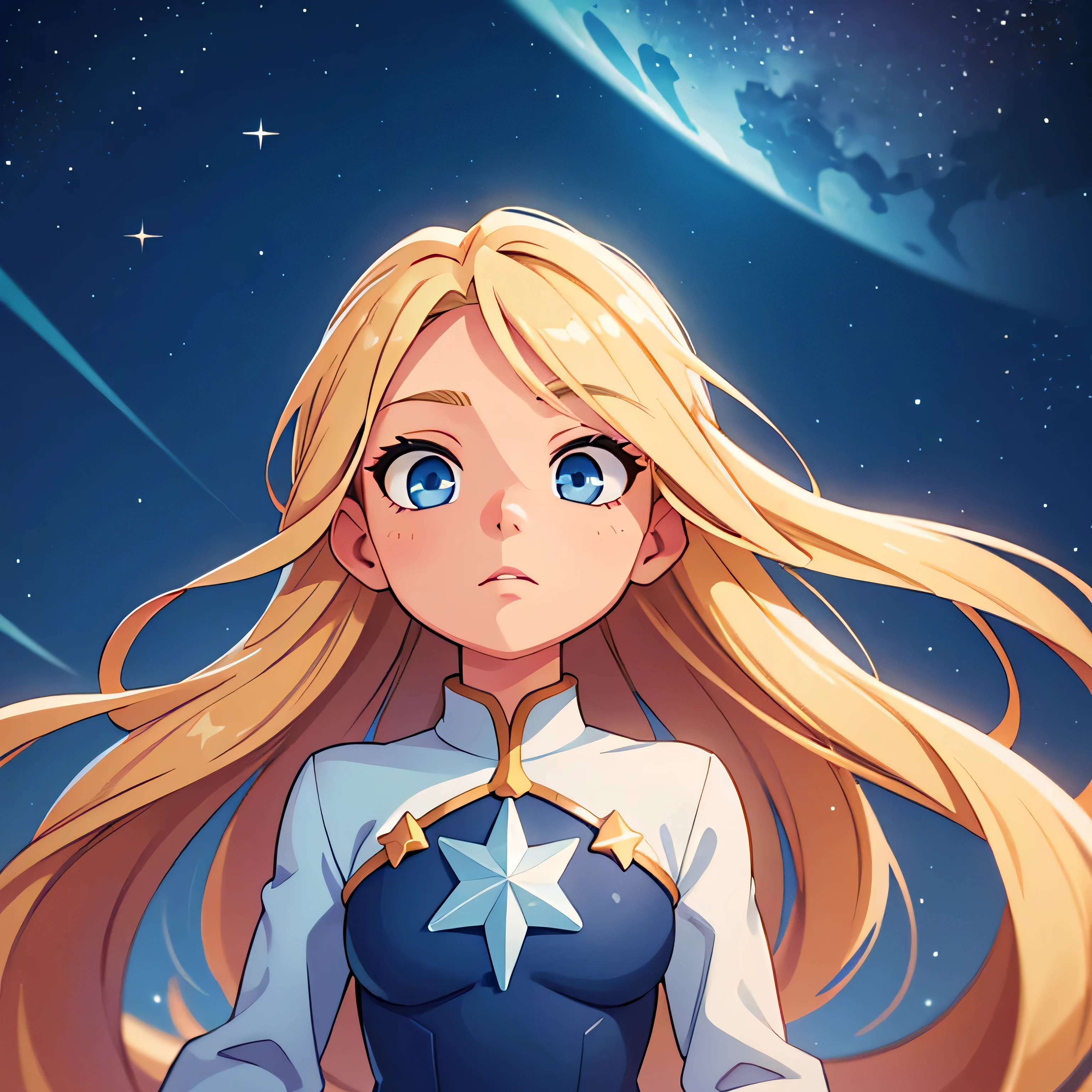A photo of Starreis, blonde, blue eyes, long hair, starry background, spacey